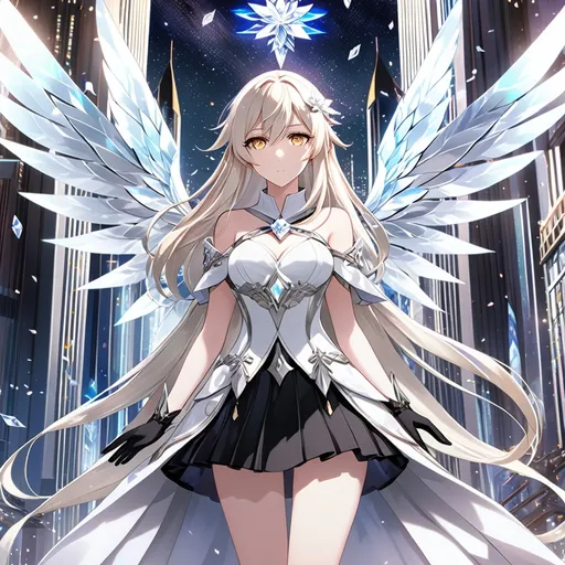 Prompt: anime, girl, detailed, very detailed, a woman in a white shirt inside, black skirt with a sword on a city street with skyscrapers in the background, official art, anime, girl, detailed, very detailed, crystal yellow eyes, very long blonde hair, 8k, detailed eyes, Anime illustration of a tall woman, light fairy wings, black thigh-highs, bright pupils, space, starfalls , high quality, thin body, anime art, detailed eyes, professional, atmospheric lighting, normal hands, five fingers, aura, adult woman, cold face, sharp eyes, 1girl, glowing eyes, Lumine from genshin impact, dress, textured corset with gold accessories, wearing long black gloves, bare shoulders