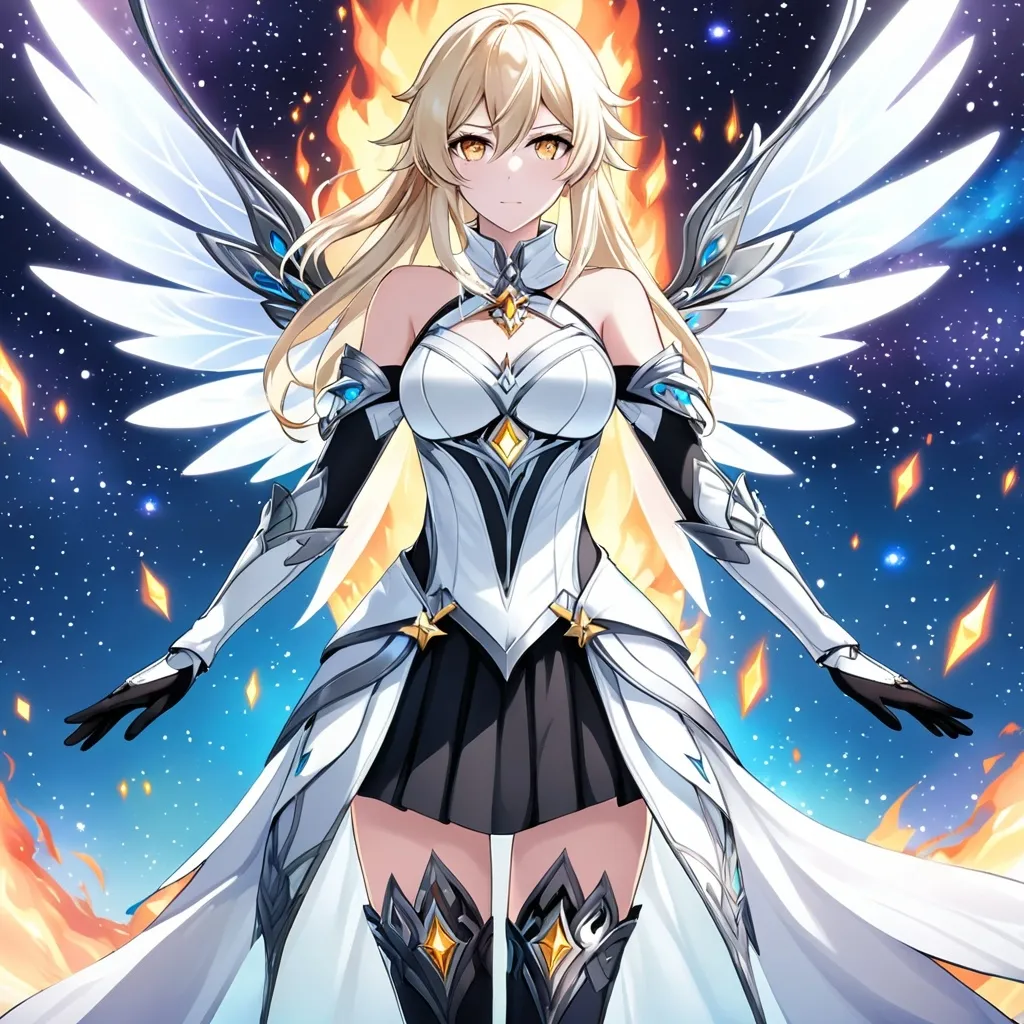 Prompt: anime, girl, detailed, very detailed, a woman in a white clothes, black skirt, stars and galactic in the background, official art, anime, girl, detailed, very detailed, crystal yellow eyes, very long blonde hair, 8k, detailed eyes, Anime illustration of a tall woman,  flame fairy wings, black thigh-highs, bright pupils, space, starfalls , high quality, thin body, anime art, detailed eyes, professional, atmospheric lighting, normal hands, five fingers, aura, adult woman, cold face, sharp eyes, 1girl, glowing eyes, Lumine from genshin impact, dress, textured corset with gold accessories, wearing long black gloves, bare shoulders, pyrokinesis, flame, white long arms shirt with black gloves, a white armor futuristic suit