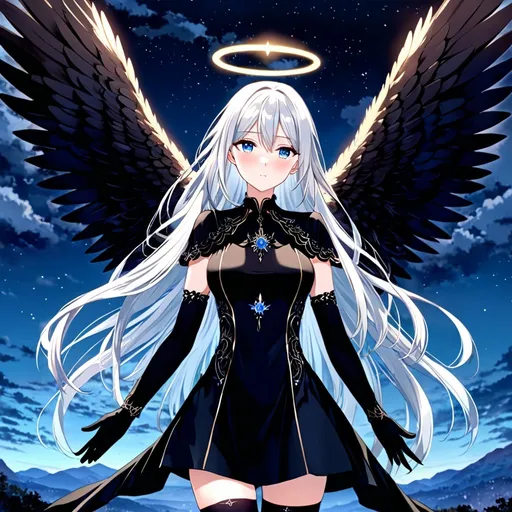 Prompt: Anime illustration of a tall woman with long white hair, blue eyes, wearing a black dress, hands behind back, black thigh-highs, and gloves, bright pupils, nightfall setting, high quality, thin body, anime art, detailed eyes, professional, atmospheric lighting, normal hands, five fingers, multiple wings, angel, six wings, halo