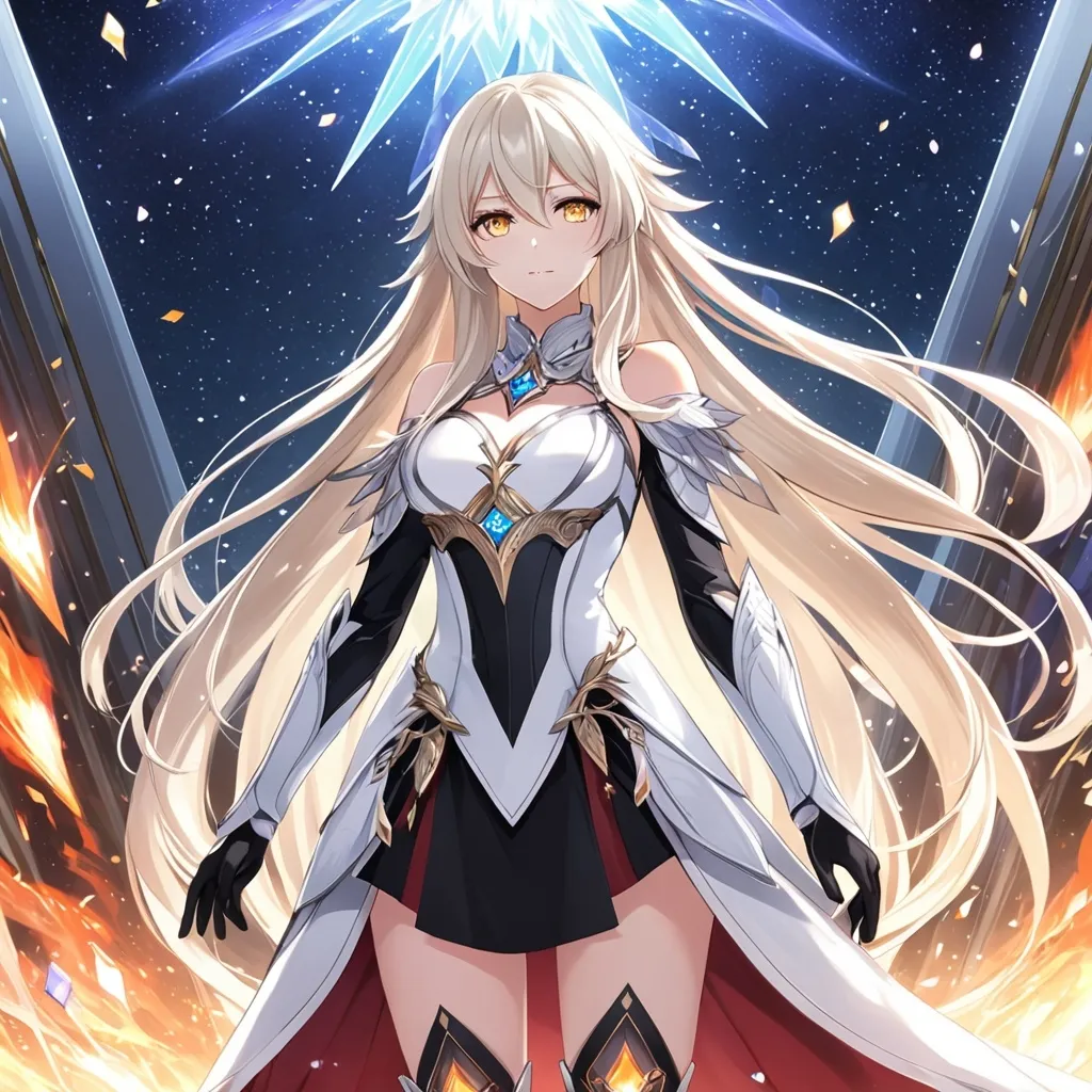 Prompt: anime, girl, detailed, very detailed, a woman in a white clothes, black skirt, stars and galactic in the background, official art, anime, girl, detailed, very detailed, crystal yellow eyes, very long blonde hair, 8k, detailed eyes, Anime illustration of a tall woman,  flame fairy wings, black thigh-highs, bright pupils, space, starfalls , high quality, thin body, anime art, detailed eyes, professional, atmospheric lighting, normal hands, five fingers, aura, adult woman, cold face, sharp eyes, 1girl, glowing eyes, Lumine from genshin impact, dress, textured corset with gold accessories, wearing long black gloves, bare shoulders, pyrokinesis, flame, white long arms shirt with black gloves, a white armor futuristic suit, Very long blonde hair