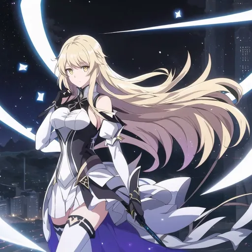 Prompt: anime, girl, detailed, very detailed, a woman in a white shirt inside, black skirt with a sword on a city street with skyscrapers in the background, official art, anime, girl, detailed, very detailed, crystal yellow eyes, very long blonde hair, 8k, detailed eyes, wearing gloves, Anime illustration of a tall woman, light fairy wings, black thigh-highs and black gloves, bright pupils, space, starfalls , high quality, thin body, anime art, detailed eyes, professional, atmospheric lighting, normal hands, five fingers, aura, adult woman, cold face, sharp eyes, 1girl, glowing eyes, Lumine from genshin impact