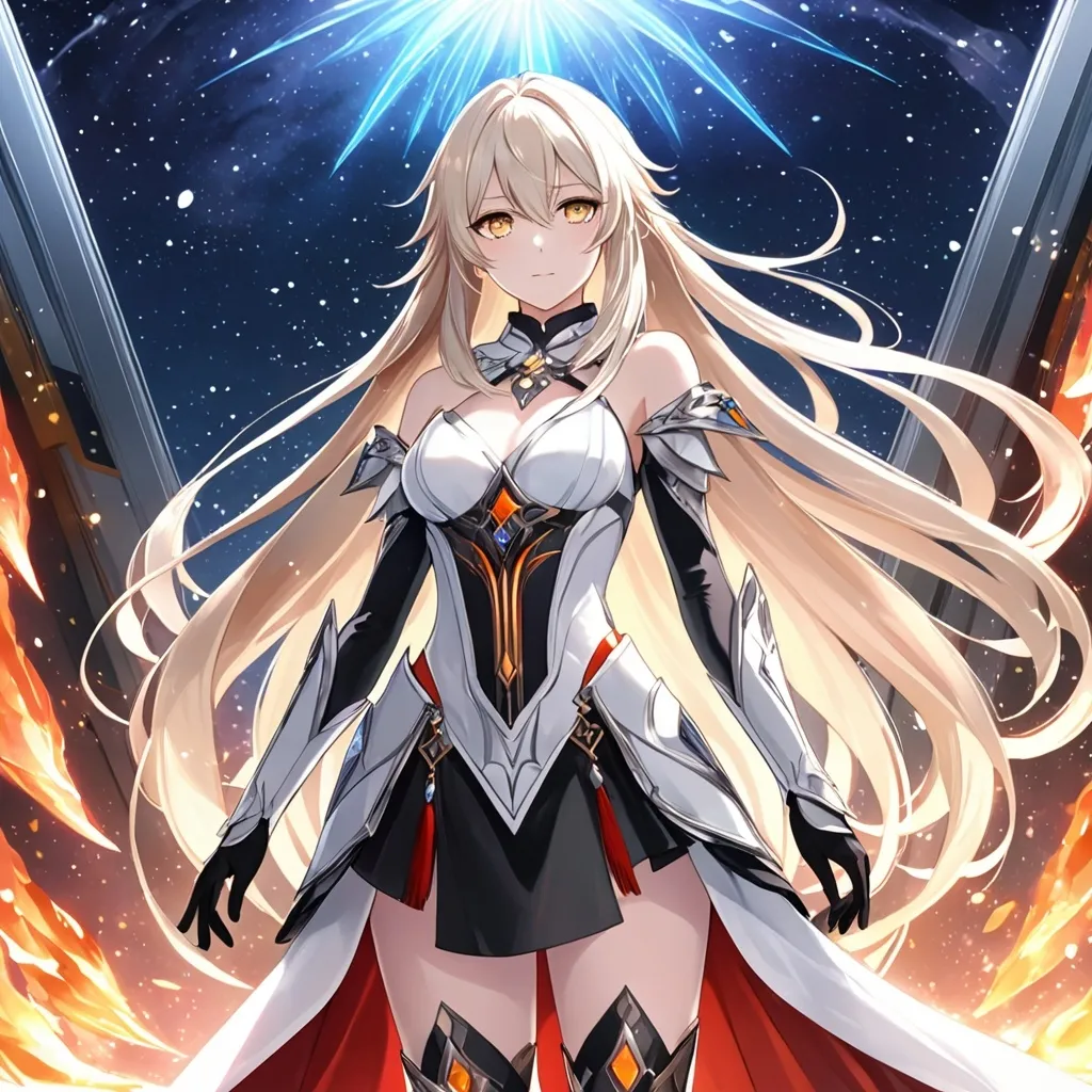 Prompt: anime, girl, detailed, very detailed, a woman in a white clothes, black skirt, stars and galactic in the background, official art, anime, girl, detailed, very detailed, crystal yellow eyes, very long blonde hair, 8k, detailed eyes, Anime illustration of a tall woman,  flame fairy wings, black thigh-highs, bright pupils, space, starfalls , high quality, thin body, anime art, detailed eyes, professional, atmospheric lighting, normal hands, five fingers, aura, adult woman, cold face, sharp eyes, 1girl, glowing eyes, Lumine from genshin impact, dress, textured corset with gold accessories, wearing long black gloves, bare shoulders, pyrokinesis, flame, white long arms shirt with black gloves, a white armor futuristic suit, Very long blonde hair