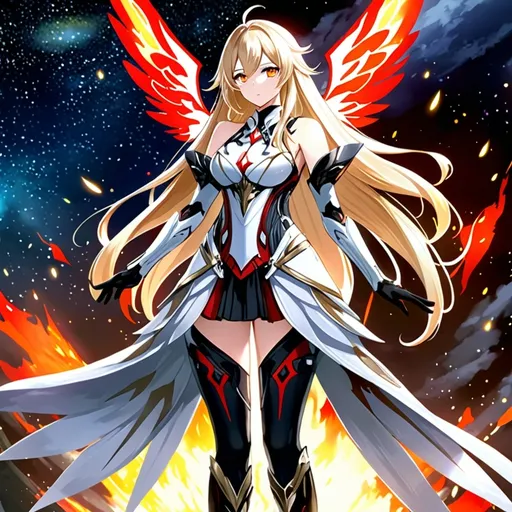 Prompt: anime, girl, detailed, very detailed, a woman in a white clothes, black skirt, stars and galactic in the background, official art, anime, girl, detailed, very detailed, crystal yellow eyes, very long blonde hair, 8k, detailed eyes, Anime illustration of a tall woman,  flame fairy wings, black thigh-highs, bright pupils, space, starfalls , high quality, thin body, anime art, detailed eyes, professional, atmospheric lighting, normal hands, five fingers, aura, adult woman, cold face, sharp eyes, 1girl, glowing eyes, Lumine from genshin impact, dress, textured corset with gold accessories, wearing long black gloves, bare shoulders, pyrokinesis, flame, white long arms shirt with black gloves, a white armor futuristic suit