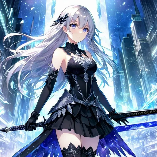 Prompt: anime, girl, detailed, very detailed, a woman in a black shirt inside, black skirt with a sword on a city street with skyscrapers in the background, official art, anime, girl, detailed, very detailed, crystal amber eyes, very long blonde hair, 8k, detailed eyes, wearing gloves, Anime illustration of a tall woman, hands behind back, black thigh-highs and black gloves, bright pupils, space, starfalls , high quality, thin body, anime art, detailed eyes, professional, atmospheric lighting, normal hands, five fingers, aura, adult woman, cold face, sharp eyes, 1girl, glowing eyes