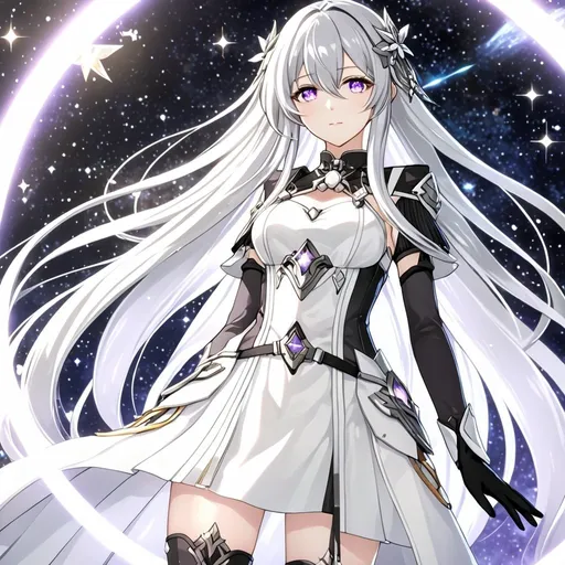 Prompt: Crystal purple eyes, very long silver hair, galactic background, 8k, he, detailed eyes, glove holding, textured dress, textured corset with silver accessories, Anime illustration of a tall woman wearing a white dress, hands behind back, black thigh-highs and black gloves, bright pupils, space, starfalls , high quality, thin body, anime art, detailed eyes, professional, atmospheric lighting, normal hands, five fingers, aura, adult woman, cold face, herrscher from honkai impact's outfit, sharp eyes, 1girl, glowing eyes, sun
