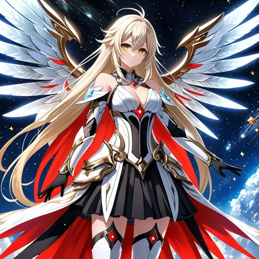 Prompt: anime, girl, detailed, very detailed, a woman in a white clothes, black skirt, stars and galactic in the background, official art, anime, girl, detailed, very detailed, crystal yellow eyes, very long blonde hair, 8k, detailed eyes, Anime illustration of a tall woman,  flame fairy wings, black thigh-highs, bright pupils, space, starfalls , high quality, thin body, anime art, detailed eyes, professional, atmospheric lighting, normal hands, five fingers, aura, adult woman, cold face, sharp eyes, 1girl, glowing eyes, Lumine from genshin impact, dress, textured corset with gold accessories, wearing long black gloves, bare shoulders, pyrokinesis, flame, white long arms shirt with black gloves, a white armor futuristic suit