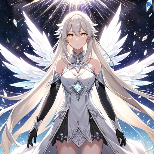 Prompt: anime, girl, detailed, very detailed, a woman in a white clothes, black skirt, stars and galactic in the background, official art, anime, girl, detailed, very detailed, crystal yellow eyes, very long blonde hair, 8k, detailed eyes, Anime illustration of a tall woman, gold light fairy wings, black thigh-highs, bright pupils, space, starfalls , high quality, thin body, anime art, detailed eyes, professional, atmospheric lighting, normal hands, five fingers, aura, adult woman, cold face, sharp eyes, 1girl, glowing eyes, Lumine from genshin impact, dress, textured corset with gold accessories, wearing long black gloves, bare shoulders, pyrokinesis, flame, white long arms shirt with black gloves
