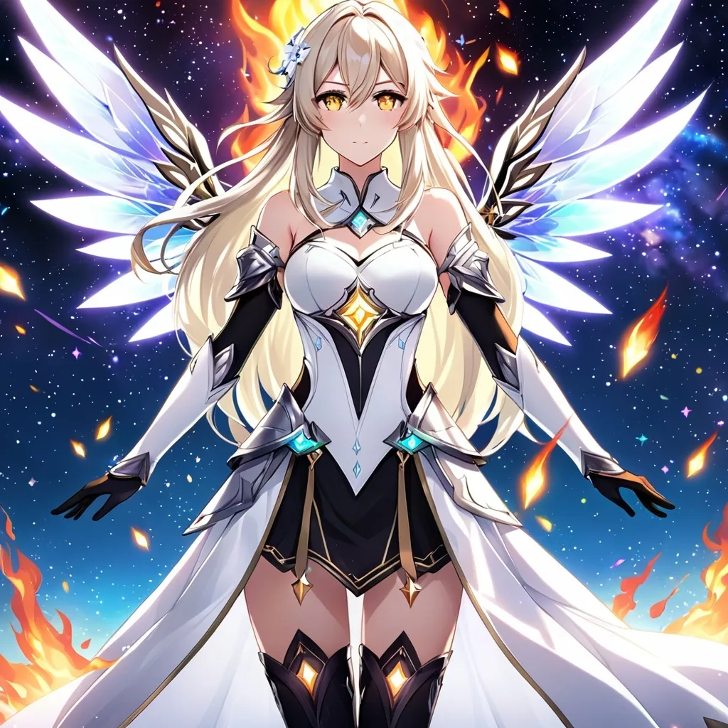 Prompt: anime, girl, detailed, very detailed, a woman in a white clothes, black skirt, stars and galactic in the background, official art, anime, girl, detailed, very detailed, crystal yellow eyes, very long blonde hair, 8k, detailed eyes, Anime illustration of a tall woman,  flame fairy wings, black thigh-highs, bright pupils, space, starfalls , high quality, thin body, anime art, detailed eyes, professional, atmospheric lighting, normal hands, five fingers, aura, adult woman, cold face, sharp eyes, 1girl, glowing eyes, Lumine from genshin impact, dress, textured corset with gold accessories, wearing long black gloves, bare shoulders, pyrokinesis, flame, white long arms shirt with black gloves, a white armor futuristic suit