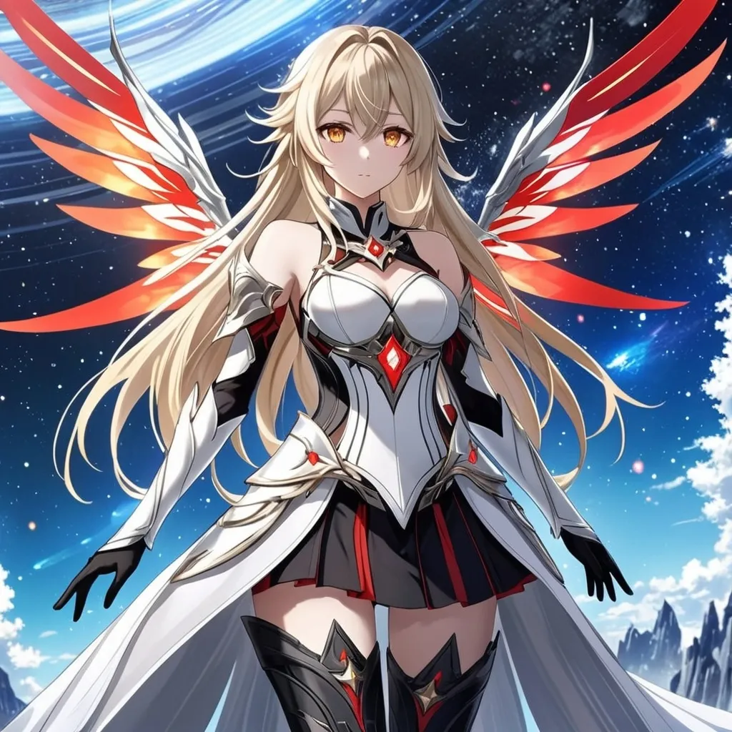 Prompt: anime, girl, detailed, very detailed, a woman in a white clothes, black short skirt, stars and galactic in the background, official art, anime, girl, detailed, very detailed, crystal yellow eyes, very long blonde hair, 8k, detailed eyes, Anime illustration of a tall woman,  flame fairy wings, black thigh-highs, bright pupils, space, starfalls , high quality, thin body, anime art, detailed eyes, professional, atmospheric lighting, normal hands, five fingers, aura, adult woman, cold face, sharp eyes, 1girl, glowing eyes, Lumine from genshin impact, dress, textured corset with gold accessories, wearing long black gloves, bare shoulders, pyrokinesis, flame, white long arms shirt with black gloves, a white armor futuristic suit