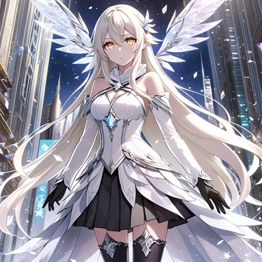 Prompt: anime, girl, detailed, very detailed, a woman in a white shirt inside, black skirt with a sword on a city street with skyscrapers in the background, official art, anime, girl, detailed, very detailed, crystal yellow eyes, very long blonde hair, 8k, detailed eyes, Anime illustration of a tall woman, light fairy wings, black thigh-highs, bright pupils, space, starfalls , high quality, thin body, anime art, detailed eyes, professional, atmospheric lighting, normal hands, five fingers, aura, adult woman, cold face, sharp eyes, 1girl, glowing eyes, Lumine from genshin impact, dress, textured corset with gold accessories, wearing long black gloves, bare shoulders