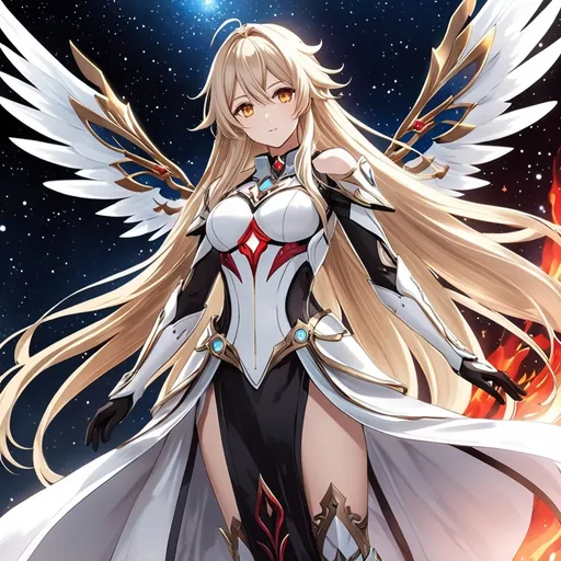 Prompt: anime, girl, detailed, very detailed, a woman in a white clothes, black skirt, stars and galactic in the background, official art, anime, girl, detailed, very detailed, crystal yellow eyes, very long blonde hair, 8k, detailed eyes, Anime illustration of a tall woman,  flame fairy wings, black thigh-highs, bright pupils, space, starfalls , high quality, thin body, anime art, detailed eyes, professional, atmospheric lighting, normal hands, five fingers, aura, adult woman, cold face, sharp eyes, 1girl, glowing eyes, Lumine from genshin impact, dress, textured corset with gold accessories, wearing long black gloves, bare shoulders, pyrokinesis, flame, white long arms shirt with black gloves, a white armor futuristic suit, Very long blonde hair, cape