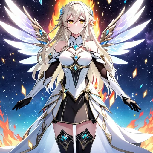 Prompt: anime, girl, detailed, very detailed, a woman in a white clothes, black skirt, stars and galactic in the background, official art, anime, girl, detailed, very detailed, crystal yellow eyes, very long blonde hair, 8k, detailed eyes, Anime illustration of a tall woman,  flame fairy wings, black thigh-highs, bright pupils, space, starfalls , high quality, thin body, anime art, detailed eyes, professional, atmospheric lighting, normal hands, five fingers, aura, adult woman, cold face, sharp eyes, 1girl, glowing eyes, Lumine from genshin impact, dress, textured corset with gold accessories, wearing long black gloves, bare shoulders, pyrokinesis, flame, white long arms shirt with black gloves, a white armor futuristic suit