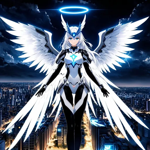 Prompt: Mecha with blue eyes, flying over a city, full-body, cinematic render, 1girl, an anime girl with very long white hair, anime art, an anime drawing, sharp eyes, red eyes, tall woman, high quality, thin body, multiple wings, angel, six wings, hands behind back, head wings, glowing eyes, halo, black thighhighs, bright pupils, white clothes, thunder, black gloves, mechanic angel, possessing metallic wings and a sleek white and silver exoskeleton, emitting a soft blue aura of light from its body and eyes, mask