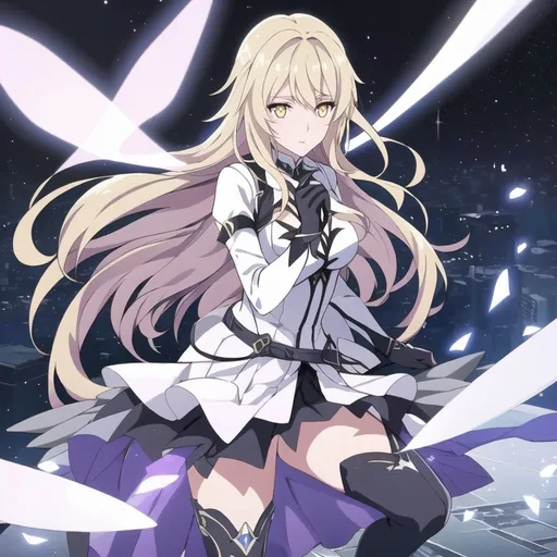 Prompt: anime, girl, detailed, very detailed, a woman in a white shirt inside, black skirt with a sword on a city street with skyscrapers in the background, official art, anime, girl, detailed, very detailed, crystal yellow eyes, very long blonde hair, 8k, detailed eyes, wearing gloves, Anime illustration of a tall woman, light fairy wings, black thigh-highs and black gloves, bright pupils, space, starfalls , high quality, thin body, anime art, detailed eyes, professional, atmospheric lighting, normal hands, five fingers, aura, adult woman, cold face, sharp eyes, 1girl, glowing eyes, Lumine from genshin impact