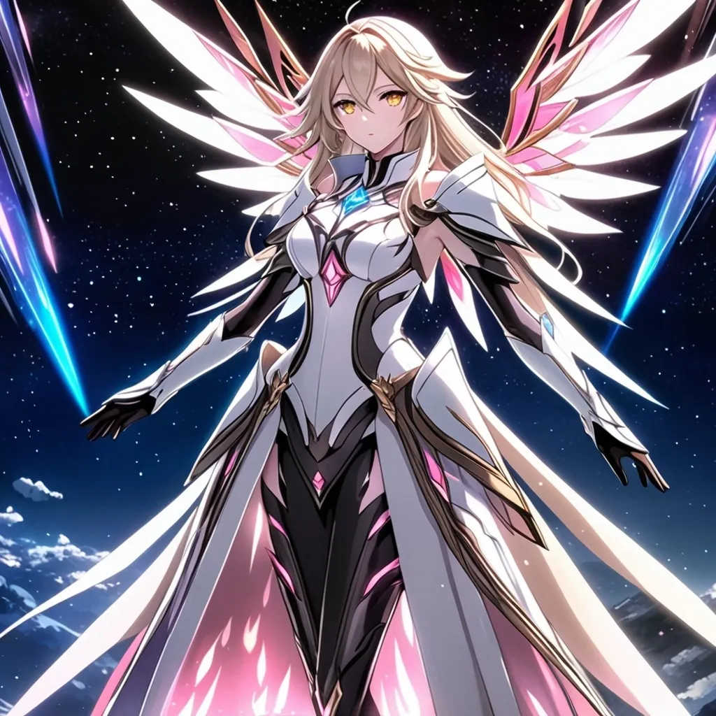 Prompt: anime, girl, detailed, very detailed, a woman in a white clothes, black skirt, stars and galactic in the background, official art, anime, girl, detailed, very detailed, crystal yellow eyes, very long blonde hair, 8k, detailed eyes, Anime illustration of a tall woman,  flame fairy wings, black thigh-highs, bright pupils, space, starfalls , high quality, thin body, anime art, detailed eyes, professional, atmospheric lighting, normal hands, five fingers, aura, adult woman, cold face, sharp eyes, 1girl, glowing eyes, Lumine from genshin impact, dress, textured corset with gold accessories, wearing long black gloves, bare shoulders, pyrokinesis, flame, white long arms shirt with black gloves, a white armor futuristic suit, Very long blonde hair