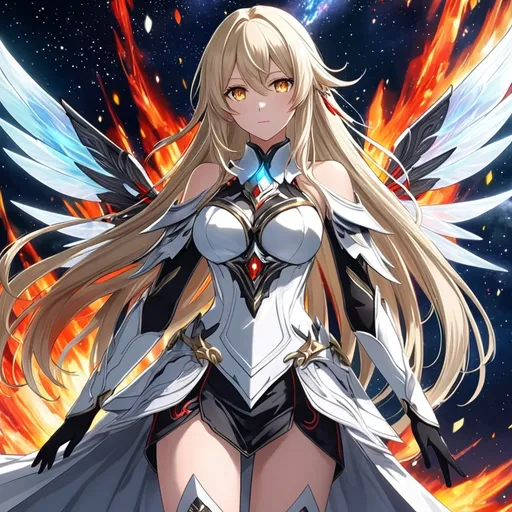 Prompt: anime, girl, detailed, very detailed, a woman in a white clothes, black short skirt, stars and galactic in the background, official art, anime, girl, detailed, very detailed, crystal yellow eyes, very long blonde hair, 8k, detailed eyes, Anime illustration of a tall woman,  flame fairy wings, black thigh-highs, bright pupils, space, starfalls , high quality, thin body, anime art, detailed eyes, professional, atmospheric lighting, normal hands, five fingers, aura, adult woman, cold face, sharp eyes, 1girl, glowing eyes, Lumine from genshin impact, dress, textured corset with gold accessories, wearing long black gloves, bare shoulders, pyrokinesis, flame, white long arms shirt with black gloves, a white armor futuristic suit