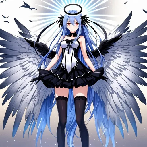 Prompt: 1girl, an anime girl with long blue hair, anime art, an anime drawing, dull eyes, red eyes, tall woman, high quality, thin body, multiple wings, angel, six wings, hands behind back, head wings, glowing eyes, halo, black thighhighs, bright pupils, white clothes, thunder