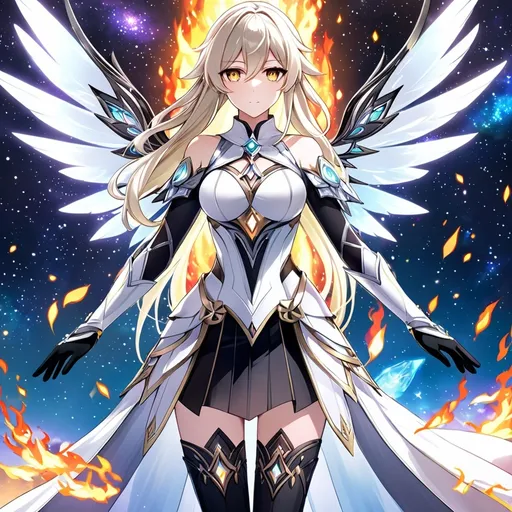 Prompt: anime, girl, detailed, very detailed, a woman in a white clothes, black skirt, stars and galactic in the background, official art, anime, girl, detailed, very detailed, crystal yellow eyes, very long blonde hair, 8k, detailed eyes, Anime illustration of a tall woman,  flame fairy wings, black thigh-highs, bright pupils, space, starfalls , high quality, thin body, anime art, detailed eyes, professional, atmospheric lighting, normal hands, five fingers, aura, adult woman, cold face, sharp eyes, 1girl, glowing eyes, Lumine from genshin impact, dress, textured corset with gold accessories, wearing long black gloves, bare shoulders, pyrokinesis, flame, white long arms shirt with black gloves, a white armor futuristic suit