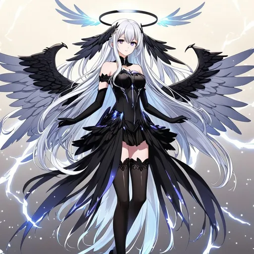 Prompt: 1girl, an anime girl with long white hair, anime art, an anime drawing, dull eyes, purple eyes, tall woman, high quality, thin body, multiple wings, angel, six wings, hands behind back, head wings, glowing eyes, halo, black thighhighs, bright pupils, white clothes, thunder, black gloves