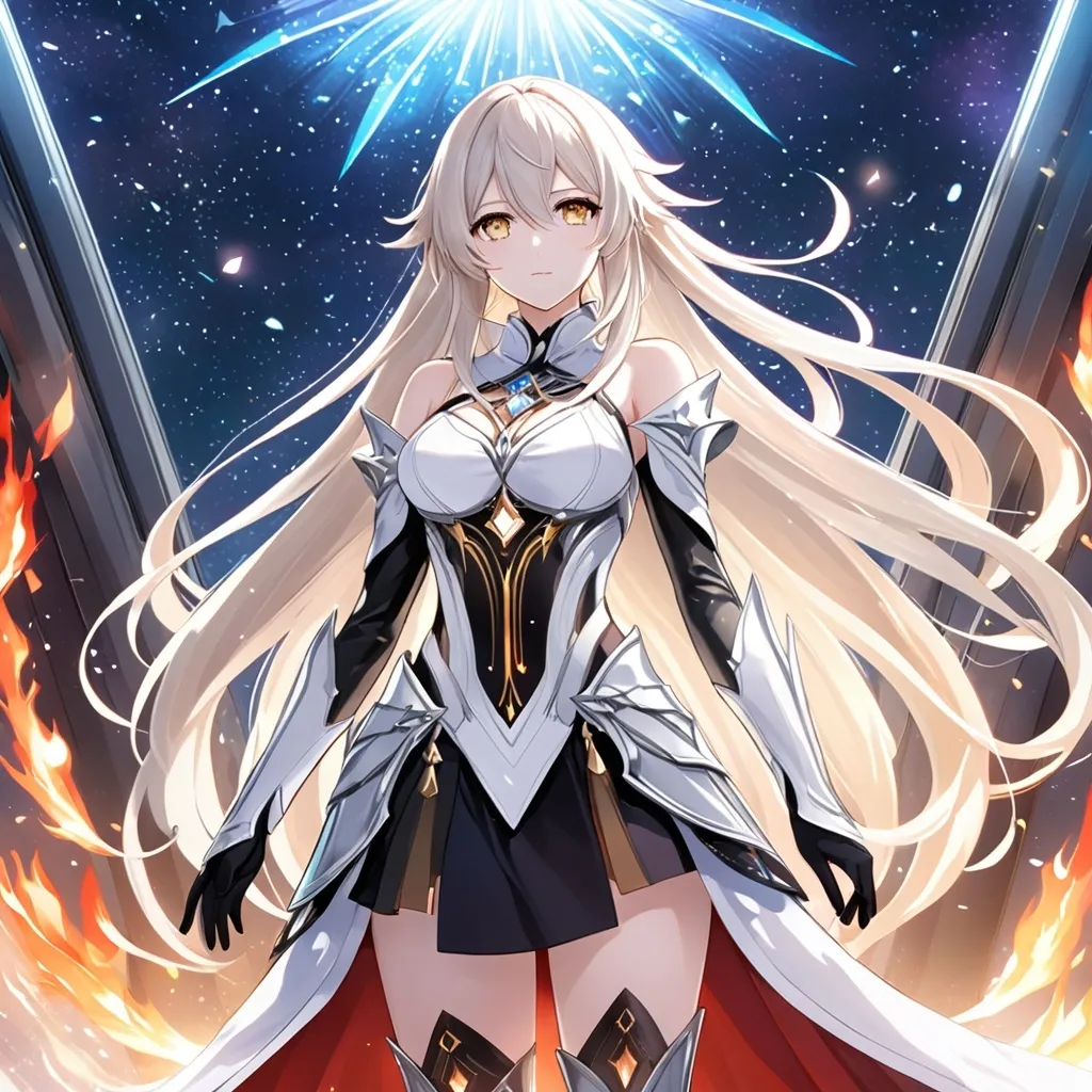 Prompt: anime, girl, detailed, very detailed, a woman in a white clothes, black skirt, stars and galactic in the background, official art, anime, girl, detailed, very detailed, crystal yellow eyes, very long blonde hair, 8k, detailed eyes, Anime illustration of a tall woman,  flame fairy wings, black thigh-highs, bright pupils, space, starfalls , high quality, thin body, anime art, detailed eyes, professional, atmospheric lighting, normal hands, five fingers, aura, adult woman, cold face, sharp eyes, 1girl, glowing eyes, Lumine from genshin impact, dress, textured corset with gold accessories, wearing long black gloves, bare shoulders, pyrokinesis, flame, white long arms shirt with black gloves, a white armor futuristic suit, Very long blonde hair