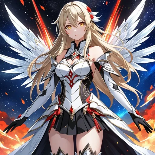 Prompt: anime, girl, detailed, very detailed, a woman in a white clothes, black skirt, stars and galactic in the background, official art, anime, girl, detailed, very detailed, crystal yellow eyes, very long blonde hair, 8k, detailed eyes, Anime illustration of a tall woman,  flame fairy wings, black thigh-highs, bright pupils, space, starfalls , high quality, thin body, anime art, detailed eyes, professional, atmospheric lighting, normal hands, five fingers, aura, adult woman, cold face, sharp eyes, 1girl, glowing eyes, Lumine from genshin impact, dress, textured corset with gold accessories, wearing long black gloves, bare shoulders, pyrokinesis, flame, white long arms shirt with black gloves, a white armor futuristic suit