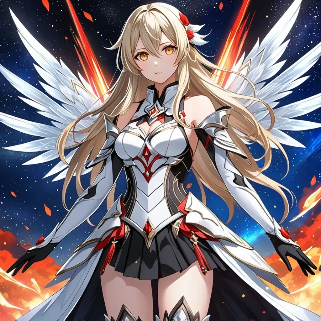 Prompt: anime, girl, detailed, very detailed, a woman in a white clothes, black skirt, stars and galactic in the background, official art, anime, girl, detailed, very detailed, crystal yellow eyes, very long blonde hair, 8k, detailed eyes, Anime illustration of a tall woman,  flame fairy wings, black thigh-highs, bright pupils, space, starfalls , high quality, thin body, anime art, detailed eyes, professional, atmospheric lighting, normal hands, five fingers, aura, adult woman, cold face, sharp eyes, 1girl, glowing eyes, Lumine from genshin impact, dress, textured corset with gold accessories, wearing long black gloves, bare shoulders, pyrokinesis, flame, white long arms shirt with black gloves, a white armor futuristic suit