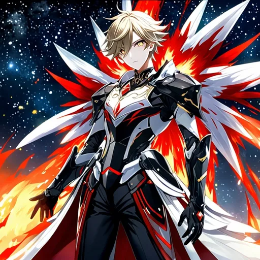 Prompt: a tall man and flame in the background, anime, man, detailed, very detailed, a men in a white clothes, black skirt, stars and galactic in the background, official art, anime, detailed, very detailed, crystal yellow eyes, short blonde hair, 8k, detailed eyes, Anime illustration of a tall man, black pants with a black boots, bright pupils, space, starfalls , high quality, anime art, detailed eyes, professional, atmospheric lighting, normal hands, five fingers, aura, adult man, cold face, sharp eyes, 1man, glowing eyes, Aether from genshin impact, pyrokinesis, flame, black gloves, a black fantasy armor suit