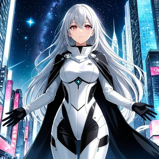 Prompt: anime, girl, detailed, very detailed, a woman in a white armor futuristic suit and black cape with a sword on a city street with skyscrapers in the background, official art, anime, girl, detailed, very detailed, crystal ruby eyes, very long silver hair, 8k, he, detailed eyes, glove holding, Anime illustration of a tall woman, hands behind back, black thigh-highs and black gloves, bright pupils, space, starfalls , high quality, thin body, anime art, detailed eyes, professional, atmospheric lighting, normal hands, five fingers, aura, adult woman, cold face, sharp eyes, 1girl, glowing eyes