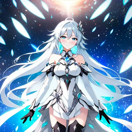 Prompt: Anime illustration of a tall woman with very long white hair, blue eyes, wearing a white dress, hands behind back, black thigh-highs, and gloves, bright pupils, space, stars , high quality, thin body, anime art, detailed eyes, professional, atmospheric lighting, normal hands, five fingers, goddess, halo, adult woman, herrscher from honkai impact's outfit
