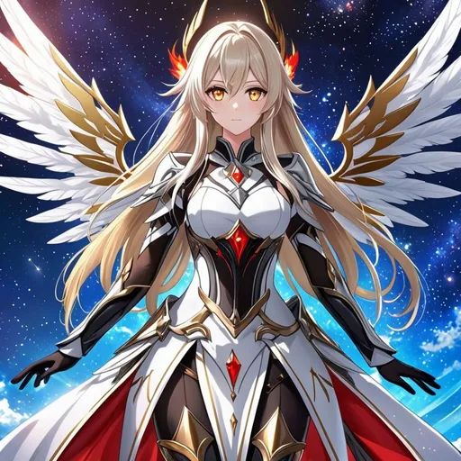 Prompt: anime, girl, detailed, very detailed, a woman in a white clothes, black skirt, stars and galactic in the background, official art, anime, girl, detailed, very detailed, crystal yellow eyes, very long blonde hair, 8k, detailed eyes, Anime illustration of a tall woman,  flame fairy wings, black thigh-highs, bright pupils, space, starfalls , high quality, thin body, anime art, detailed eyes, professional, atmospheric lighting, normal hands, five fingers, aura, adult woman, cold face, sharp eyes, 1girl, glowing eyes, Lumine from genshin impact, dress, textured corset with gold accessories, wearing long black gloves, bare shoulders, pyrokinesis, flame, white long arms shirt with black gloves, a white armor futuristic suit, Very long blonde hair, cape