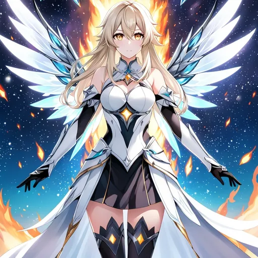 Prompt: anime, girl, detailed, very detailed, a woman in a white clothes, black skirt, stars and galactic in the background, official art, anime, girl, detailed, very detailed, crystal yellow eyes, very long blonde hair, 8k, detailed eyes, Anime illustration of a tall woman,  flame fairy wings, black thigh-highs, bright pupils, space, starfalls , high quality, thin body, anime art, detailed eyes, professional, atmospheric lighting, normal hands, five fingers, aura, adult woman, cold face, sharp eyes, 1girl, glowing eyes, Lumine from genshin impact, dress, textured corset with gold accessories, wearing long black gloves, bare shoulders, pyrokinesis, flame, white long arms shirt with black gloves, a white armor futuristic suit