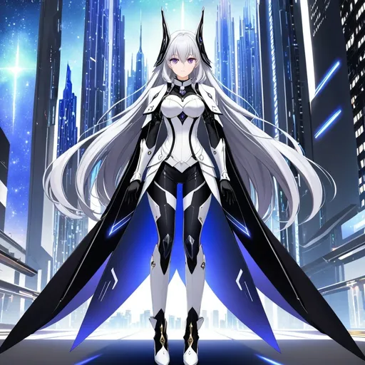 Prompt: anime, girl, detailed, very detailed, a woman in a white armor futuristic suit with a sword on a city street with skyscrapers in the background, official art, anime, girl, detailed, very detailed, crystal purple eyes, very long silver hair, 8k, he, detailed eyes, glove holding, Anime illustration of a tall woman, hands behind back, black thigh-highs and black gloves, bright pupils, space, starfalls , high quality, thin body, anime art, detailed eyes, professional, atmospheric lighting, normal hands, five fingers, aura, adult woman, cold face, sharp eyes, 1girl, glowing eyes,textured corset with gold accessories