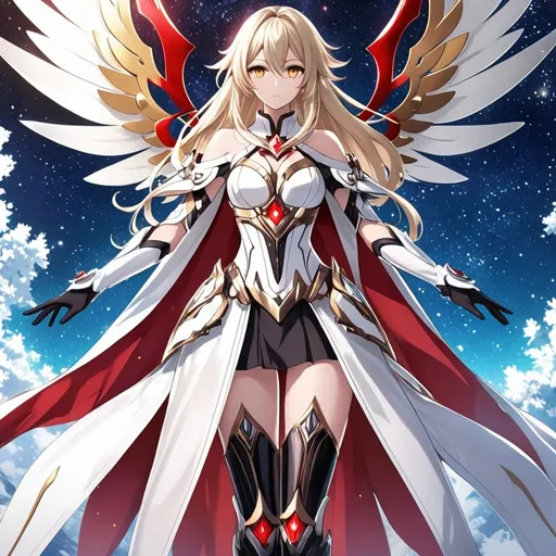 Prompt: anime, girl, detailed, very detailed, a woman in a white clothes, black skirt, stars and galactic in the background, official art, anime, girl, detailed, very detailed, crystal yellow eyes, very long blonde hair, 8k, detailed eyes, Anime illustration of a tall woman,  flame fairy wings, black thigh-highs, bright pupils, space, starfalls , high quality, thin body, anime art, detailed eyes, professional, atmospheric lighting, normal hands, five fingers, aura, adult woman, cold face, sharp eyes, 1girl, glowing eyes, Lumine from genshin impact, dress, textured corset with gold accessories, wearing long black gloves, bare shoulders, pyrokinesis, flame, white long arms shirt with black gloves, a white armor futuristic suit, Very long blonde hair, cape