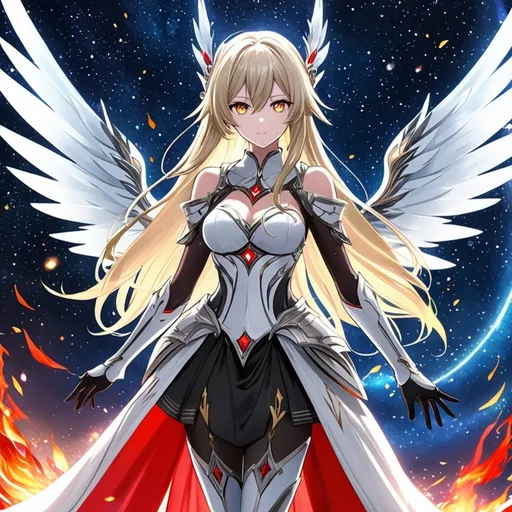 Prompt: anime, girl, detailed, very detailed, a woman in a white clothes, black skirt, stars and galactic in the background, official art, anime, girl, detailed, very detailed, crystal yellow eyes, very long blonde hair, 8k, detailed eyes, Anime illustration of a tall woman,  flame fairy wings, black thigh-highs, bright pupils, space, starfalls , high quality, thin body, anime art, detailed eyes, professional, atmospheric lighting, normal hands, five fingers, aura, adult woman, cold face, sharp eyes, 1girl, glowing eyes, Lumine from genshin impact, dress, textured corset with gold accessories, wearing long black gloves, bare shoulders, pyrokinesis, flame, white long arms shirt with black gloves, a white armor futuristic suit