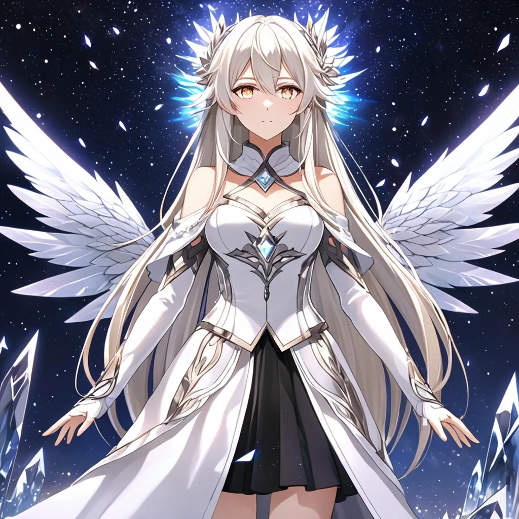 Prompt: anime, girl, detailed, very detailed, a woman in a white clothes, black skirt, stars and galactic in the background, official art, anime, girl, detailed, very detailed, crystal yellow eyes, very long blonde hair, 8k, detailed eyes, Anime illustration of a tall woman, gold light fairy wings, black thigh-highs, bright pupils, space, starfalls , high quality, thin body, anime art, detailed eyes, professional, atmospheric lighting, normal hands, five fingers, aura, adult woman, cold face, sharp eyes, 1girl, glowing eyes, Lumine from genshin impact, dress, textured corset with gold accessories, wearing long black gloves, bare shoulders, pyrokinesis, flame, white long arms shirt with black gloves