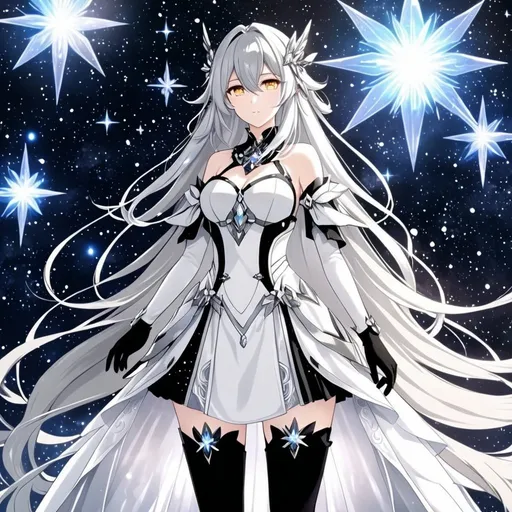 Prompt: Crystal golden eyes, very long silver hair, galactic background, 8k, he, detailed eyes, glove holding, textured dress, textured corset with silver accessories, Anime illustration of a tall woman wearing a white dress, hands behind back, black thigh-highs and black gloves, bright pupils, space, starfalls , high quality, thin body, anime art, detailed eyes, professional, atmospheric lighting, normal hands, five fingers, aura, adult woman, cold face, herrscher from honkai impact's outfit, sharp eyes, 1girl, glowing eyes, sun