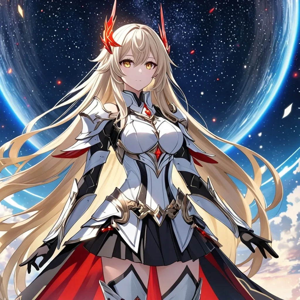 Prompt: anime, girl, detailed, very detailed, a woman in a white clothes, black skirt, stars and galactic in the background, official art, anime, girl, detailed, very detailed, crystal yellow eyes, very long blonde hair, 8k, detailed eyes, Anime illustration of a tall woman, black thigh-highs, bright pupils, space, starfalls , high quality, thin body, anime art, detailed eyes, professional, atmospheric lighting, normal hands, five fingers, aura, adult woman, cold face, sharp eyes, 1girl, glowing eyes, Lumine from genshin impact, dress, textured corset with gold accessories, wearing long black gloves, pyrokinesis, flame, white long arms shirt with black gloves, a white armor futuristic suit with bare shoulders, Very long blonde hair