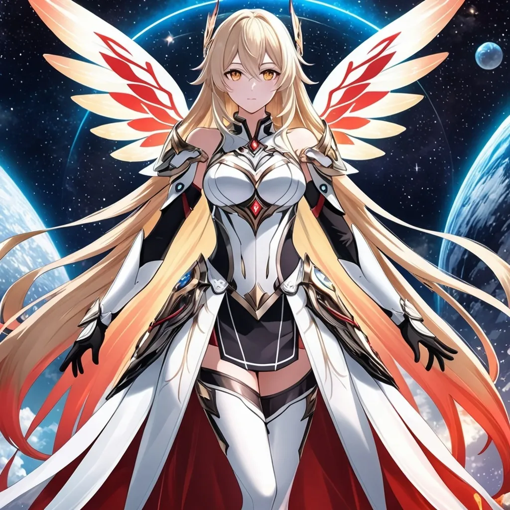 Prompt: anime, girl, detailed, very detailed, a woman in a white clothes, black skirt, stars and galactic in the background, official art, anime, girl, detailed, very detailed, crystal yellow eyes, very long blonde hair, 8k, detailed eyes, Anime illustration of a tall woman,  flame fairy wings, black thigh-highs, bright pupils, space, starfalls , high quality, thin body, anime art, detailed eyes, professional, atmospheric lighting, normal hands, five fingers, aura, adult woman, cold face, sharp eyes, 1girl, glowing eyes, Lumine from genshin impact, dress, textured corset with gold accessories, wearing long black gloves, bare shoulders, pyrokinesis, flame, white long arms shirt with black gloves, a white armor futuristic suit, Very long blonde hair, cape