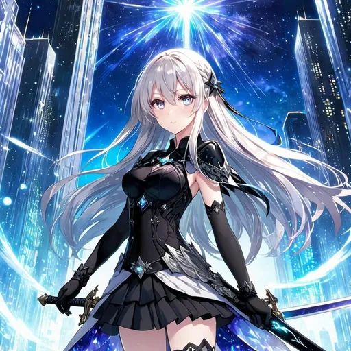 Prompt: anime, girl, detailed, very detailed, a woman in a black shirt inside, black skirt with a sword on a city street with skyscrapers in the background, official art, anime, girl, detailed, very detailed, crystal amber eyes, very long blonde hair, 8k, detailed eyes, wearing gloves, Anime illustration of a tall woman, hands behind back, black thigh-highs and black gloves, bright pupils, space, starfalls , high quality, thin body, anime art, detailed eyes, professional, atmospheric lighting, normal hands, five fingers, aura, adult woman, cold face, sharp eyes, 1girl, glowing eyes