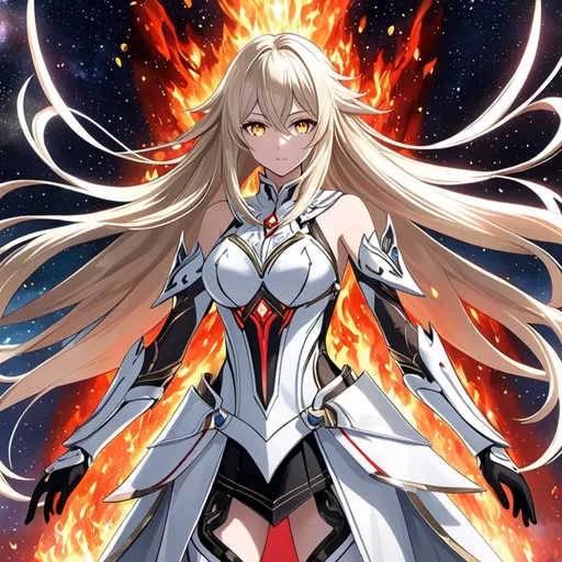 Prompt: anime, girl, detailed, very detailed, a woman in a white clothes, black skirt, stars and galactic in the background, official art, anime, girl, detailed, very detailed, crystal yellow eyes, very long blonde hair, 8k, detailed eyes, Anime illustration of a tall woman, fire aura, black thigh-highs, bright pupils, space, starfalls , high quality, thin body, anime art, detailed eyes, professional, atmospheric lighting, normal hands, five fingers, aura, adult woman, cold face, sharp eyes, 1girl, glowing eyes, Lumine from genshin impact, dress, textured corset with gold accessories, wearing long black gloves, bare shoulders, pyrokinesis, flame, white long arms shirt with black gloves, a white armor futuristic suit, Very long blonde hair