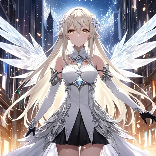 Prompt: anime, girl, detailed, very detailed, a woman in a white clothes, black skirt with a sword on a city street with skyscrapers in the background, official art, anime, girl, detailed, very detailed, crystal yellow eyes, very long blonde hair, 8k, detailed eyes, Anime illustration of a tall woman, gold light fairy wings, black thigh-highs, bright pupils, space, starfalls , high quality, thin body, anime art, detailed eyes, professional, atmospheric lighting, normal hands, five fingers, aura, adult woman, cold face, sharp eyes, 1girl, glowing eyes, Lumine from genshin impact, dress, textured corset with gold accessories, wearing long black gloves, bare shoulders, pyrokinesis, flame, white long arms shirt with black gloves