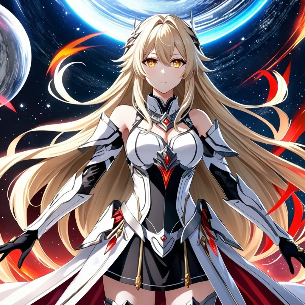 Prompt: anime, girl, detailed, very detailed, a woman in a white clothes, black skirt, stars and galactic in the background, official art, anime, girl, detailed, very detailed, crystal yellow eyes, very long blonde hair, 8k, detailed eyes, Anime illustration of a tall woman, black thigh-highs, bright pupils, space, starfalls , high quality, thin body, anime art, detailed eyes, professional, atmospheric lighting, normal hands, five fingers, aura, adult woman, cold face, sharp eyes, 1girl, glowing eyes, Lumine from genshin impact, dress, textured corset with gold accessories, wearing long black gloves, bare shoulders, pyrokinesis, flame, white long arms shirt with black gloves, a white armor futuristic suit, Very long blonde hair, cape