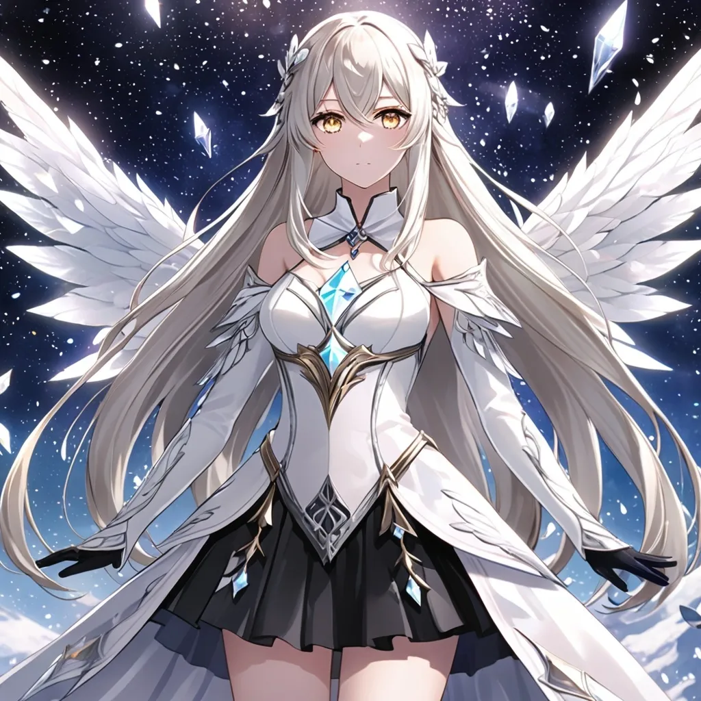 Prompt: anime, girl, detailed, very detailed, a woman in a white clothes, black skirt, stars and galactic in the background, official art, anime, girl, detailed, very detailed, crystal yellow eyes, very long blonde hair, 8k, detailed eyes, Anime illustration of a tall woman, gold light fairy wings, black thigh-highs, bright pupils, space, starfalls , high quality, thin body, anime art, detailed eyes, professional, atmospheric lighting, normal hands, five fingers, aura, adult woman, cold face, sharp eyes, 1girl, glowing eyes, Lumine from genshin impact, dress, textured corset with gold accessories, wearing long black gloves, bare shoulders, pyrokinesis, flame, white long arms shirt with black gloves