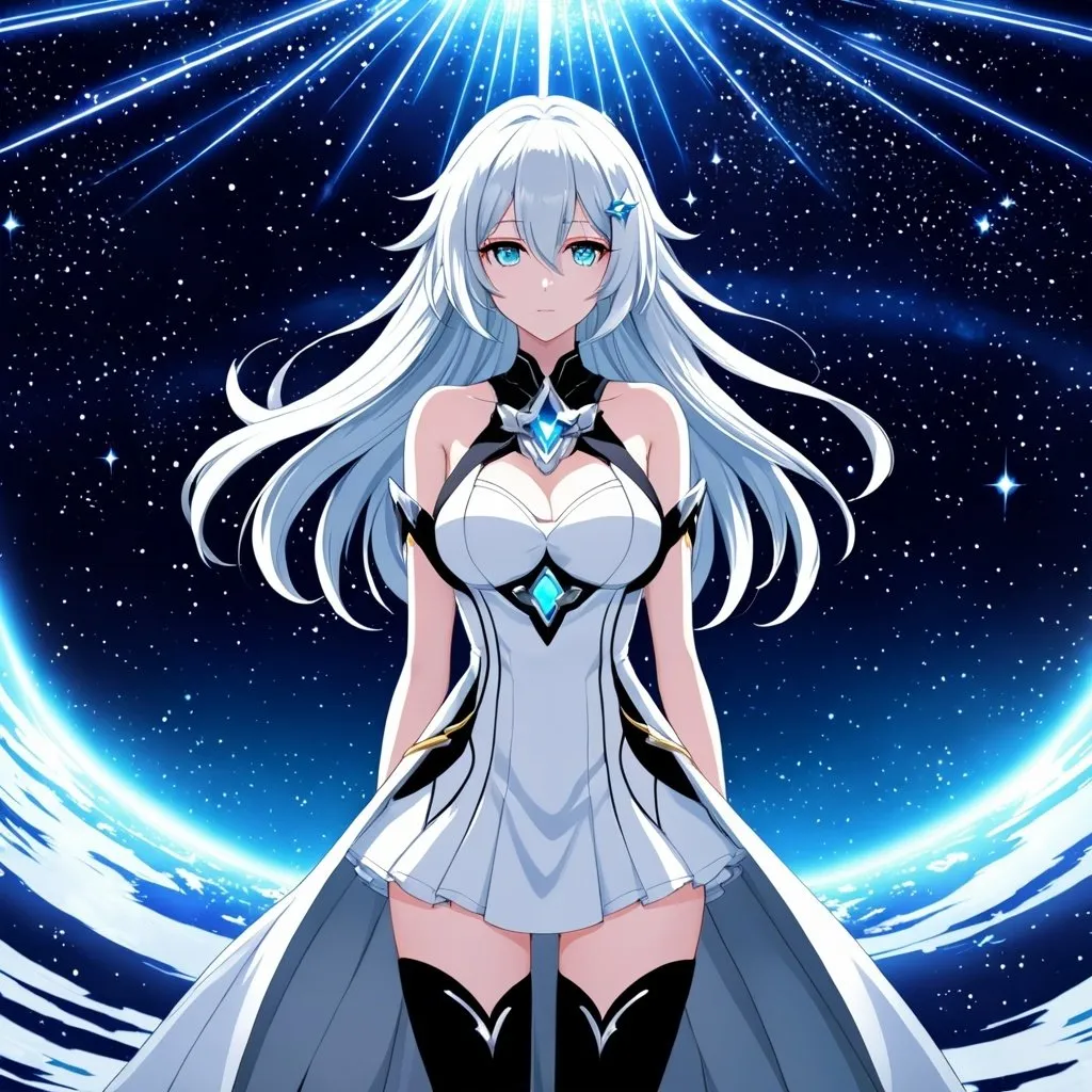 Prompt: Anime illustration of a tall woman with very long white hair, aqua empty eyes, wearing a white dress, hands behind back, black thigh-highs and black gloves, bright pupils, space, starfalls , high quality, thin body, anime art, detailed eyes, professional, atmospheric lighting, normal hands, five fingers, goddess, aura, adult woman, cold face, herrscher from honkai impact's outfit, sharp eyes