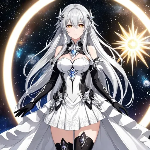 Prompt: Crystal golden eyes, very long silver hair, galactic background, 8k, he, detailed eyes, glove holding, textured dress, textured corset with silver accessories, Anime illustration of a tall woman wearing a white dress, hands behind back, black thigh-highs and black gloves, bright pupils, space, starfalls , high quality, thin body, anime art, detailed eyes, professional, atmospheric lighting, normal hands, five fingers, aura, adult woman, cold face, herrscher from honkai impact's outfit, sharp eyes, 1girl, glowing eyes, sun