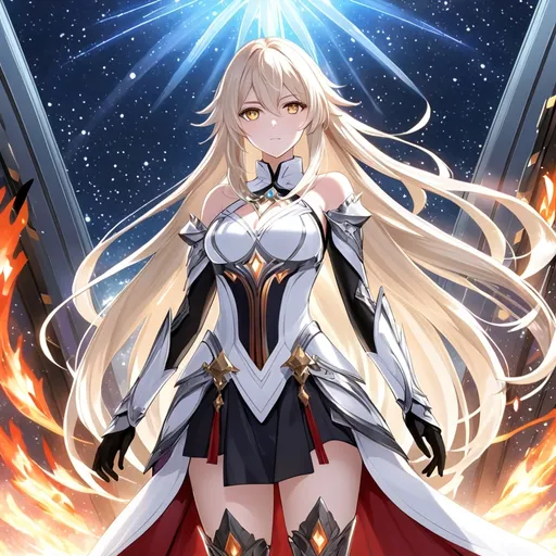 Prompt: anime, girl, detailed, very detailed, a woman in a white clothes, black skirt, stars and galactic in the background, official art, anime, girl, detailed, very detailed, crystal yellow eyes, very long blonde hair, 8k, detailed eyes, Anime illustration of a tall woman,  flame fairy wings, black thigh-highs, bright pupils, space, starfalls , high quality, thin body, anime art, detailed eyes, professional, atmospheric lighting, normal hands, five fingers, aura, adult woman, cold face, sharp eyes, 1girl, glowing eyes, Lumine from genshin impact, dress, textured corset with gold accessories, wearing long black gloves, bare shoulders, pyrokinesis, flame, white long arms shirt with black gloves, a white armor futuristic suit, Very long blonde hair