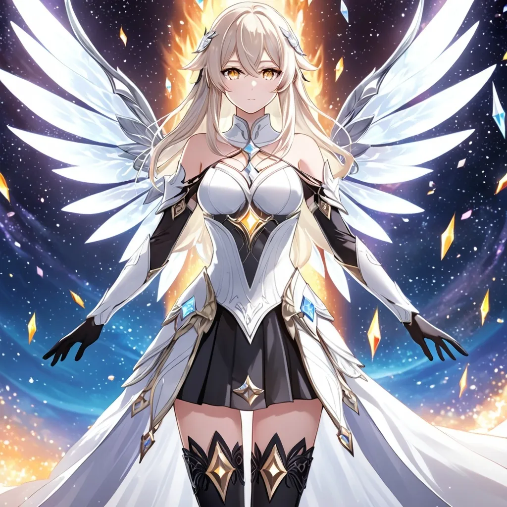 Prompt: anime, girl, detailed, very detailed, a woman in a white clothes, black skirt, stars and galactic in the background, official art, anime, girl, detailed, very detailed, crystal yellow eyes, very long blonde hair, 8k, detailed eyes, Anime illustration of a tall woman,  flame fairy wings, black thigh-highs, bright pupils, space, starfalls , high quality, thin body, anime art, detailed eyes, professional, atmospheric lighting, normal hands, five fingers, aura, adult woman, cold face, sharp eyes, 1girl, glowing eyes, Lumine from genshin impact, dress, textured corset with gold accessories, wearing long black gloves, bare shoulders, pyrokinesis, flame, white long arms shirt with black gloves, a white armor futuristic suit