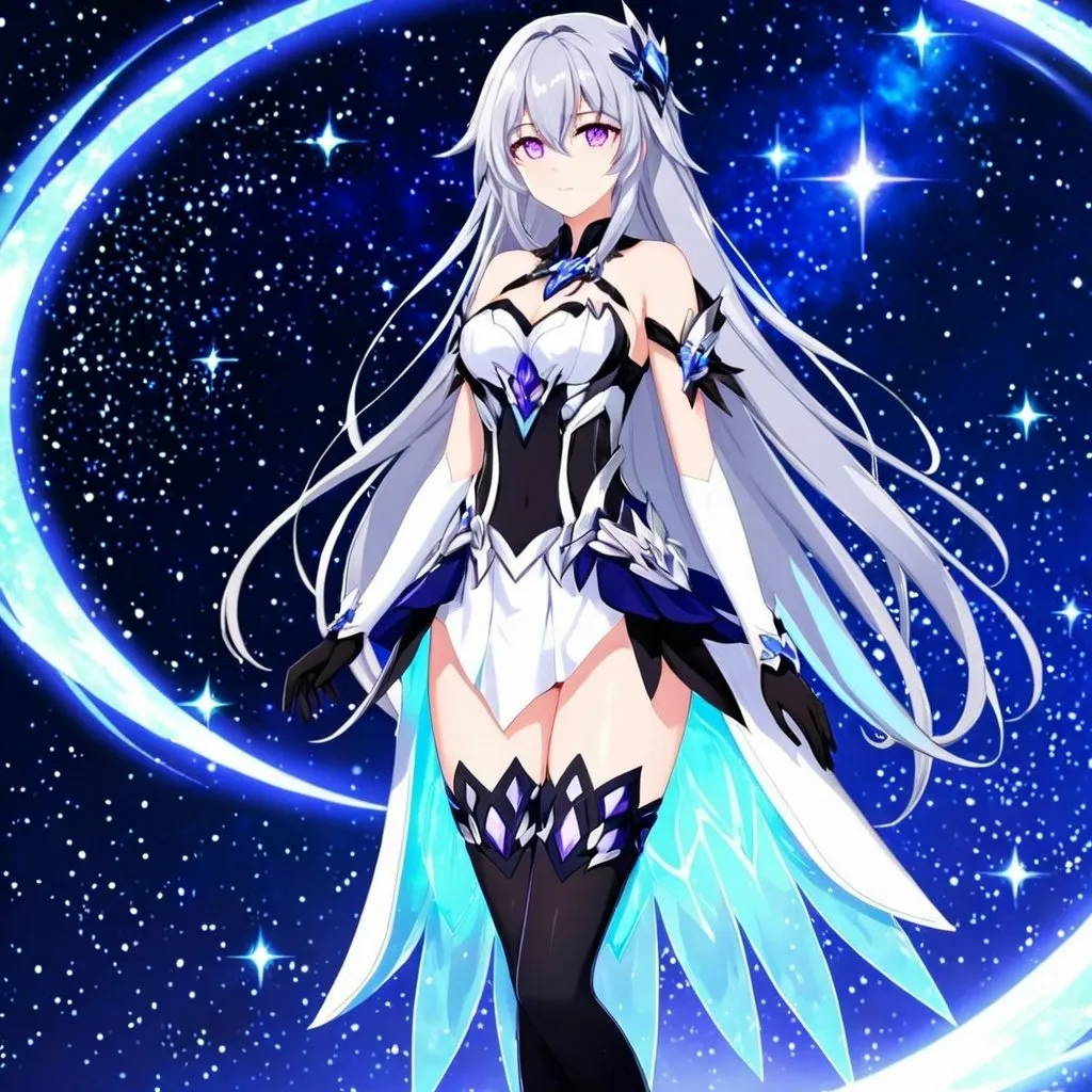Prompt: Crystal purple eyes, very long silver hair, galactic background, 8k, he, detailed eyes, glove holding, textured dress, textured corset with silver accessories, Anime illustration of a tall woman wearing a white dress, hands behind back, black thigh-highs and black gloves, bright pupils, space, starfalls , high quality, thin body, anime art, detailed eyes, professional, atmospheric lighting, normal hands, five fingers, aura, adult woman, cold face, herrscher from honkai impact's outfit, sharp eyes, 1girl, glowing eyes, sun, full body