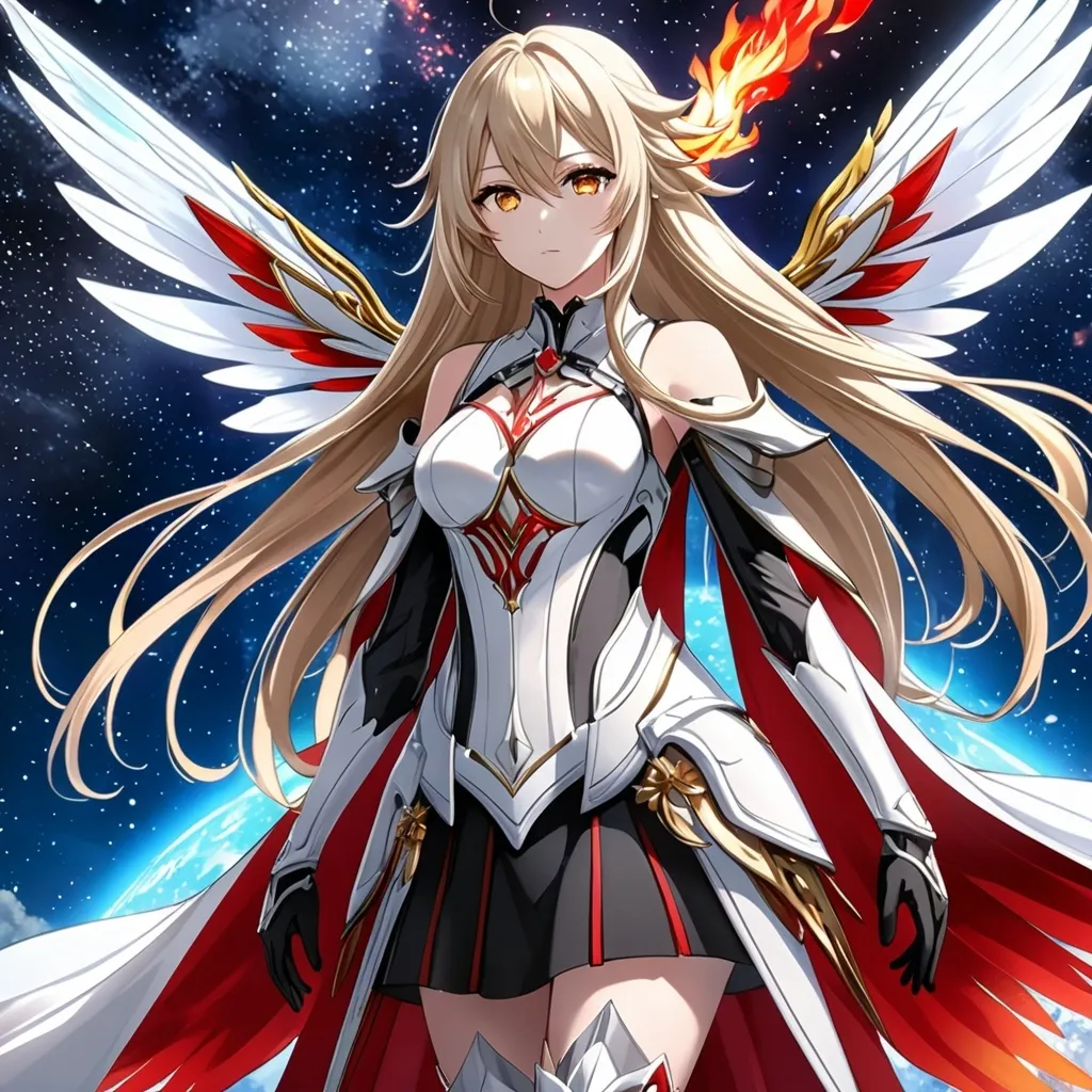 Prompt: anime, girl, detailed, very detailed, a woman in a white clothes, black skirt, stars and galactic in the background, official art, anime, girl, detailed, very detailed, crystal yellow eyes, very long blonde hair, 8k, detailed eyes, Anime illustration of a tall woman,  flame fairy wings, black thigh-highs, bright pupils, space, starfalls , high quality, thin body, anime art, detailed eyes, professional, atmospheric lighting, normal hands, five fingers, aura, adult woman, cold face, sharp eyes, 1girl, glowing eyes, Lumine from genshin impact, dress, textured corset with gold accessories, wearing long black gloves, bare shoulders, pyrokinesis, flame, white long arms shirt with black gloves, a white armor futuristic suit, Very long blonde hair, cape