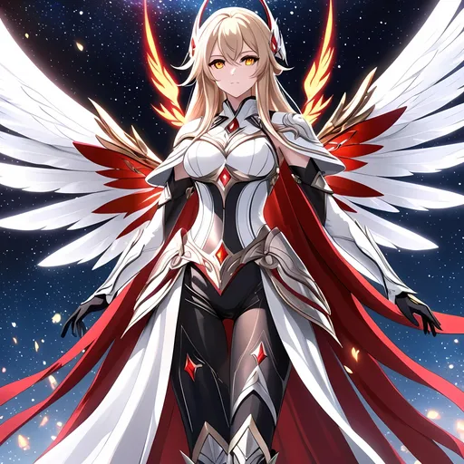 Prompt: anime, girl, detailed, very detailed, a woman in a white clothes, black skirt, stars and galactic in the background, official art, anime, girl, detailed, very detailed, crystal yellow eyes, very long blonde hair, 8k, detailed eyes, Anime illustration of a tall woman,  flame fairy wings, black thigh-highs, bright pupils, space, starfalls , high quality, thin body, anime art, detailed eyes, professional, atmospheric lighting, normal hands, five fingers, aura, adult woman, cold face, sharp eyes, 1girl, glowing eyes, Lumine from genshin impact, dress, textured corset with gold accessories, wearing long black gloves, bare shoulders, pyrokinesis, flame, white long arms shirt with black gloves, a white armor futuristic suit